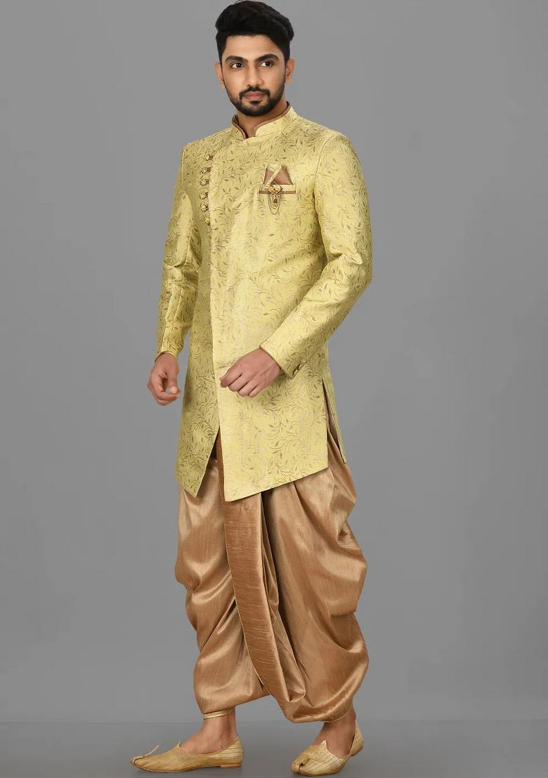 Green Embroidered Jacquard Indo Western Sherwani Set For Men
