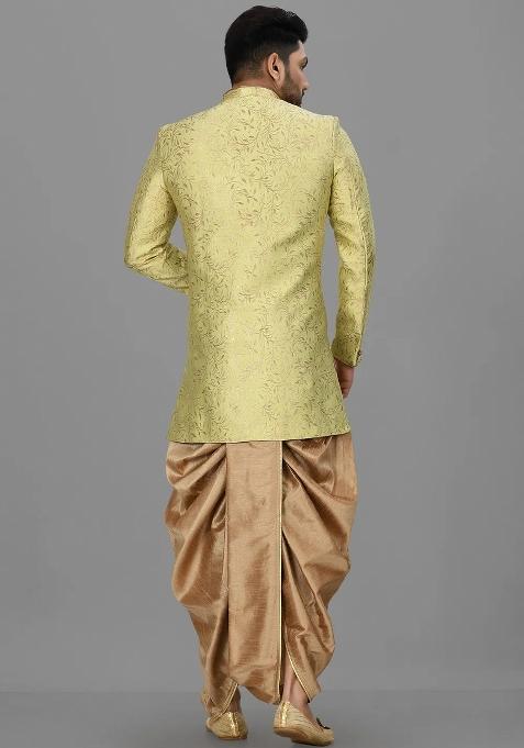 Green Embroidered Jacquard Indo Western Sherwani Set For Men