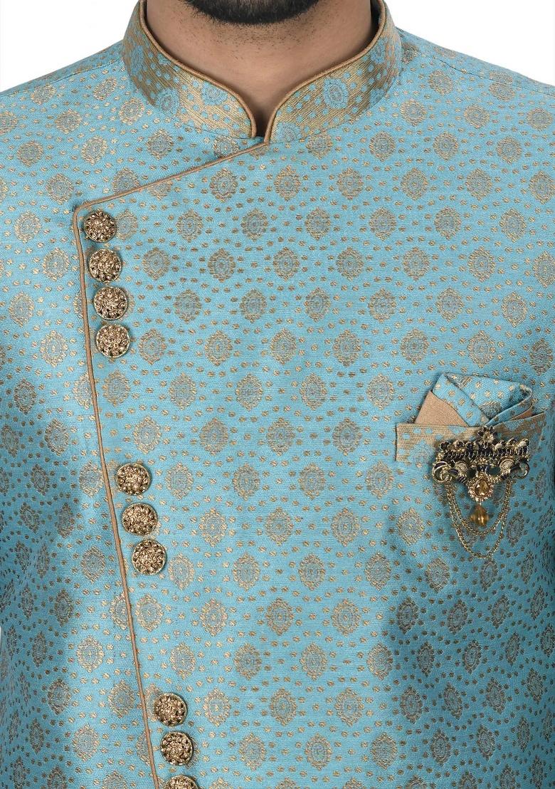 Sky Blue Embroidered Jacquard Indo Western Sherwani For Men