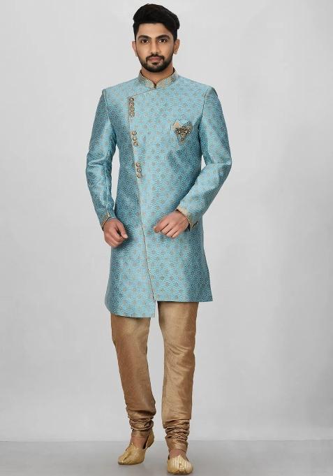 Sky Blue Embroidered Jacquard Indo Western Sherwani For Men