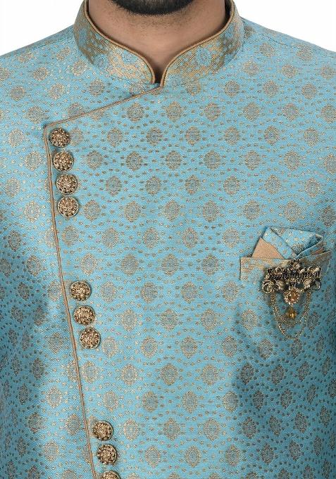 Sky Blue Embroidered Jacquard Indo Western Sherwani For Men