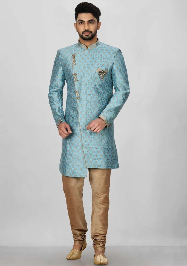 Sky Blue Embroidered Jacquard Indo Western Sherwani Set For Men - Indya