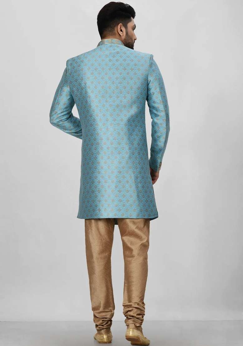 Sky Blue Embroidered Jacquard Indo Western Sherwani Set For Men - Indya