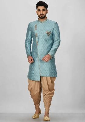 Sky Blue Embroidered Jacquard Indo Western Sherwani Set For Men