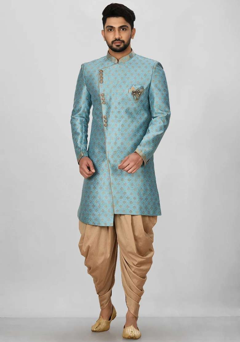 Sky Blue Embroidered Jacquard Indo Western Sherwani Set For Men - Indya