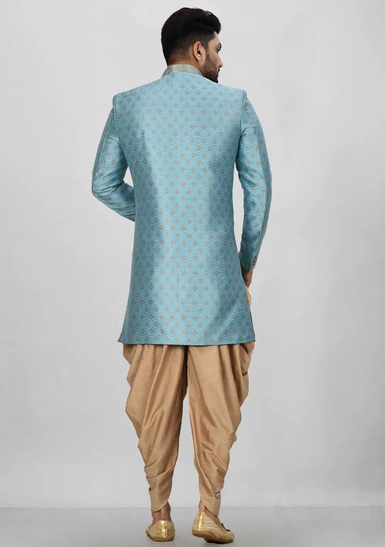 Sky Blue Embroidered Jacquard Indo Western Sherwani Set For Men