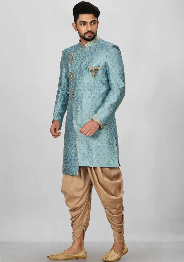 Sky Blue Embroidered Jacquard Indo Western Sherwani Set For Men - Indya