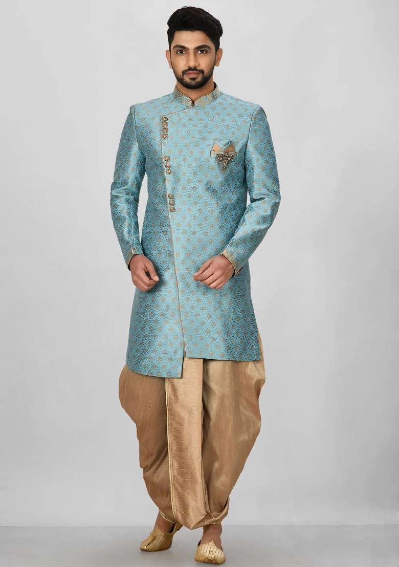 Sky Blue Embroidered Jacquard Indo Western Sherwani Set For Men - Indya