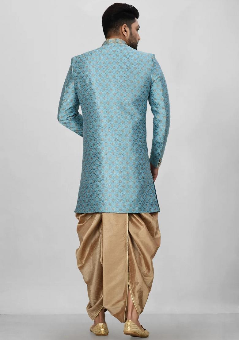 Sky Blue Embroidered Jacquard Indo Western Sherwani Set For Men