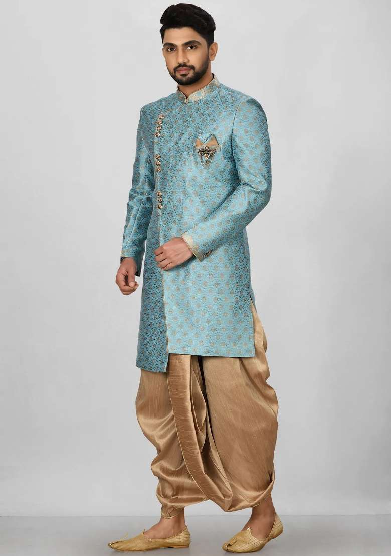Sky Blue Embroidered Jacquard Indo Western Sherwani Set For Men - Indya