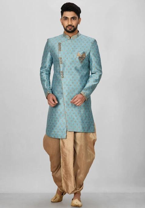 Sky Blue Embroidered Jacquard Indo Western Sherwani Set For Men — view on Indya