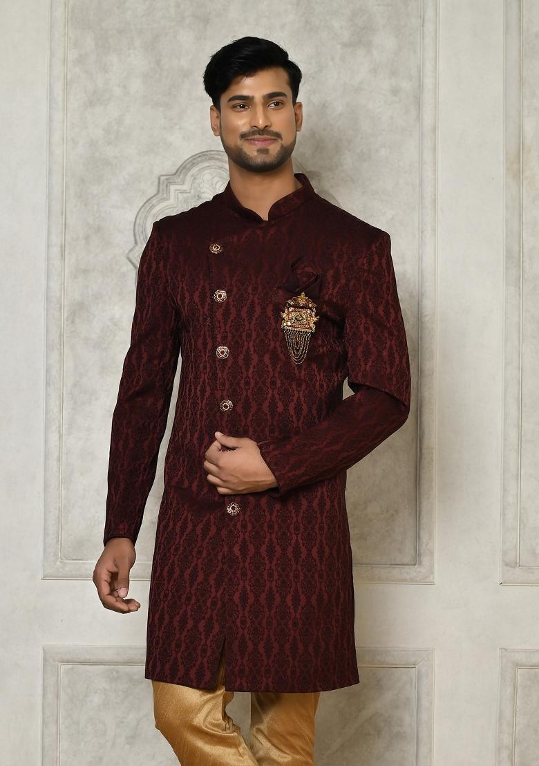 Maroon Embroidered Royal Satin Indo Western Sherwani For Men