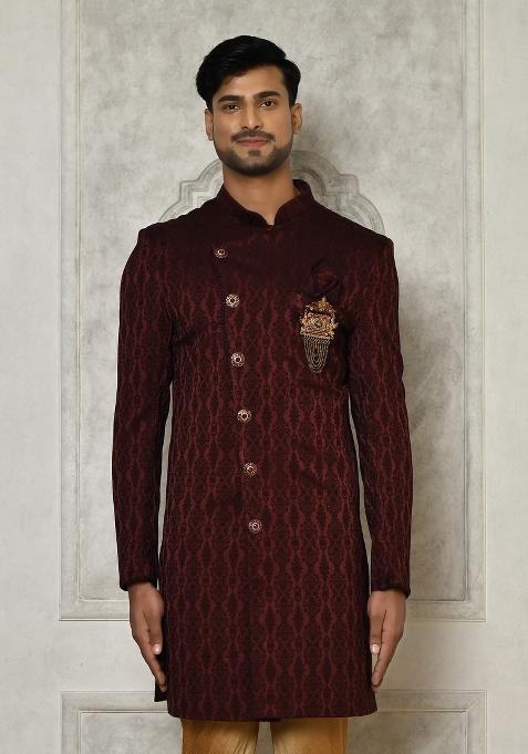 Maroon Embroidered Royal Satin Indo Western Sherwani For Men