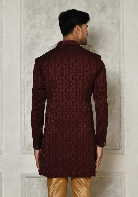 Maroon Embroidered Royal Satin Indo Western Sherwani For Men