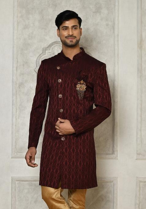 Maroon Embroidered Royal Satin Indo Western Sherwani For Men