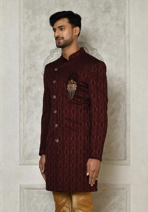 Maroon Embroidered Royal Satin Indo Western Sherwani For Men