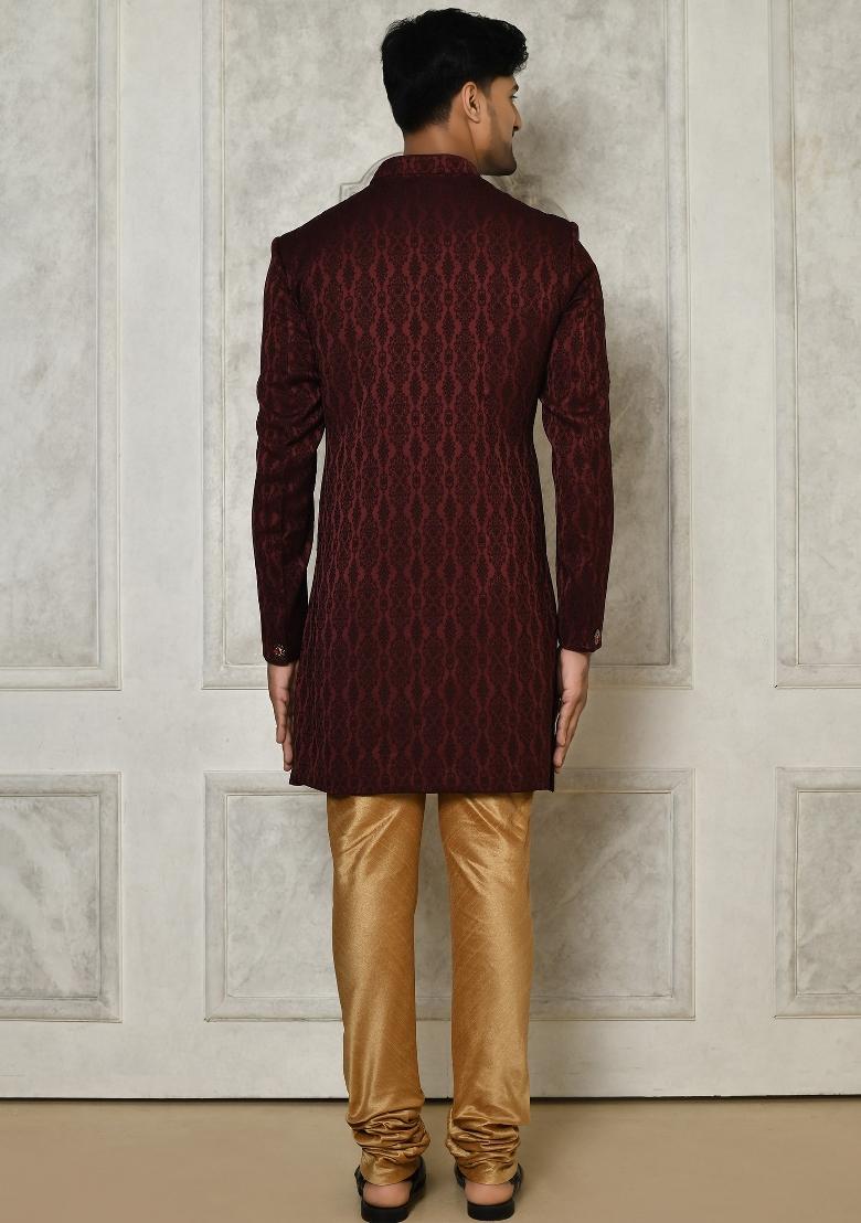 Maroon Embroidered Royal Satin Indo Western Sherwani Set For Men