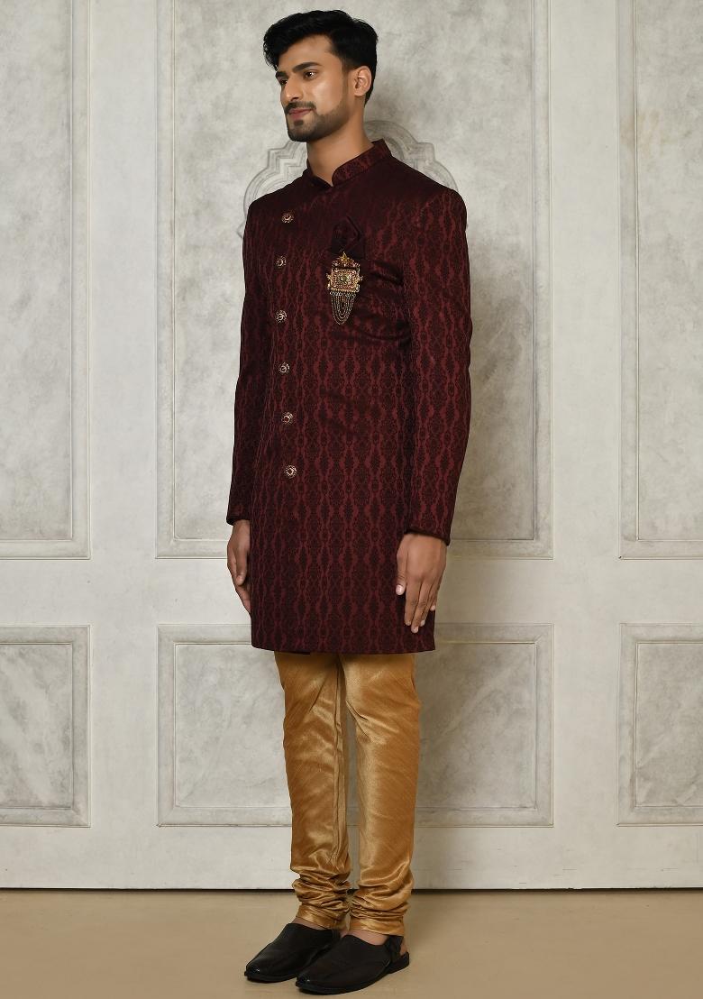 Maroon Embroidered Royal Satin Indo Western Sherwani Set For Men