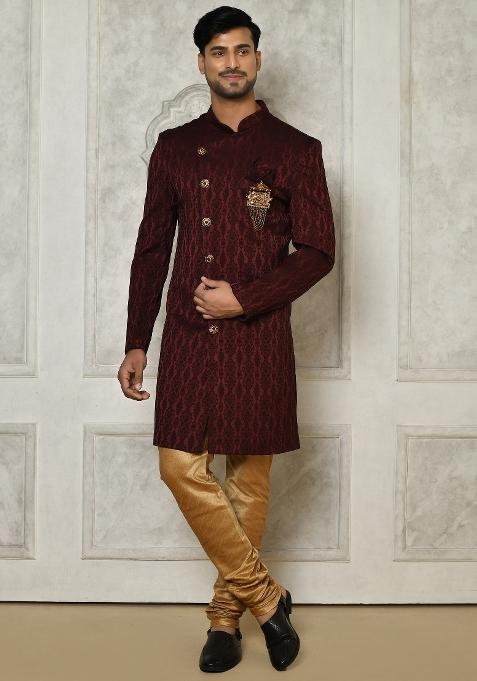 Maroon Embroidered Royal Satin Indo Western Sherwani Set For Men