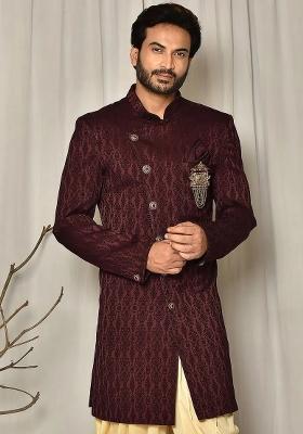 Maroon Embroidered Royal Satin Indo Western Sherwani Set For Men