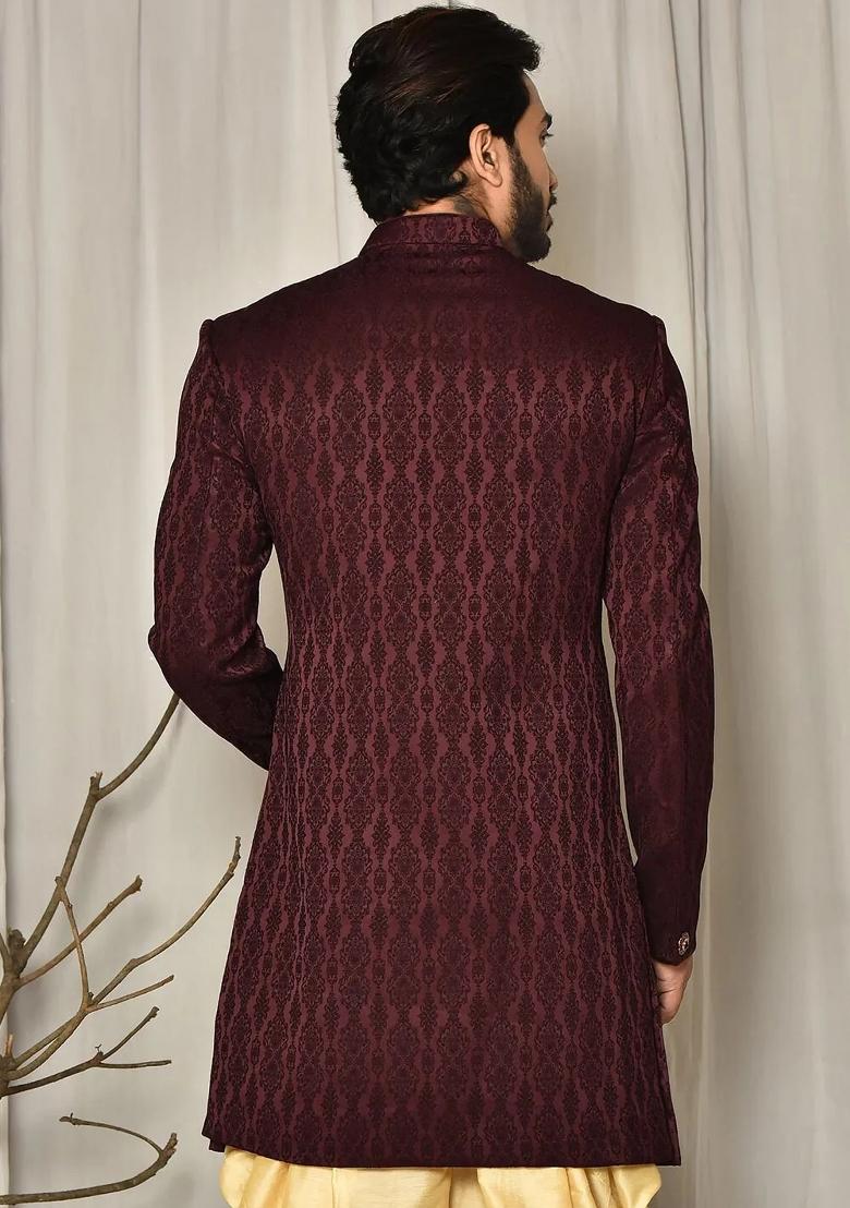 Maroon Embroidered Royal Satin Indo Western Sherwani Set For Men
