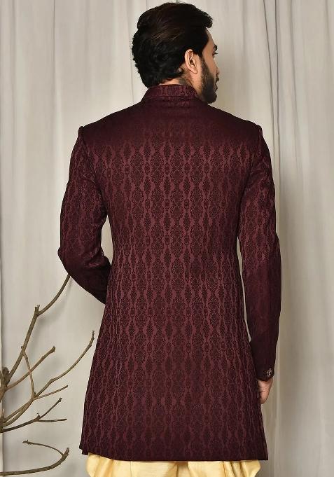 Maroon Embroidered Royal Satin Indo Western Sherwani Set For Men