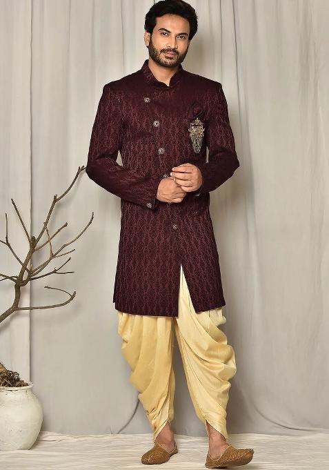 Maroon Embroidered Royal Satin Indo Western Sherwani Set For Men