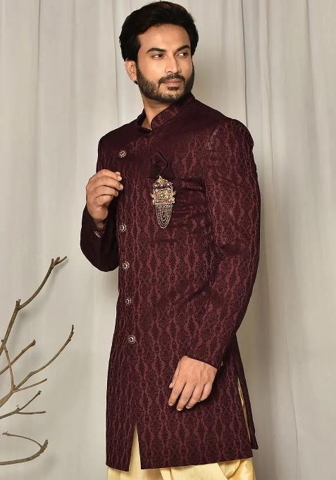 Maroon Embroidered Royal Satin Indo Western Sherwani Set For Men