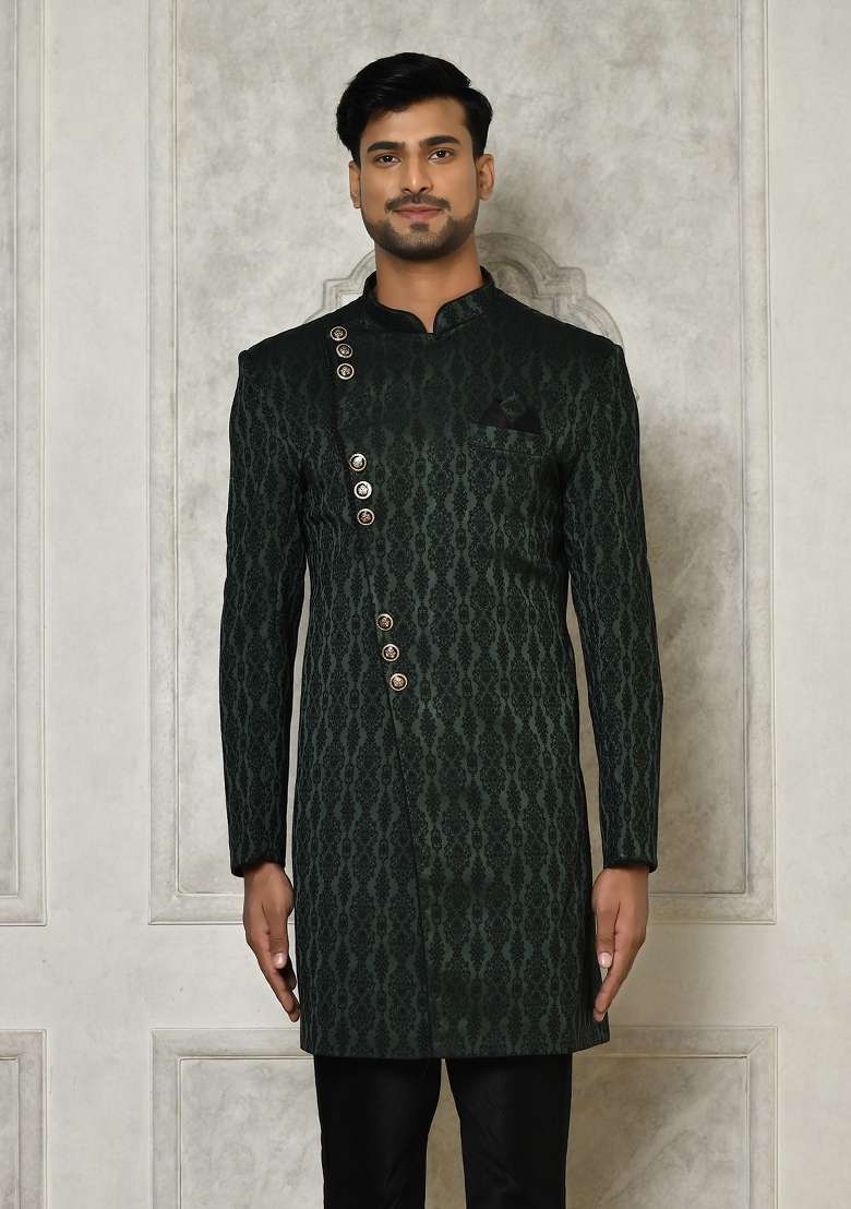 Bottle Green Embroidered Royal Satin Indo Western Sherwani For Men - Indya