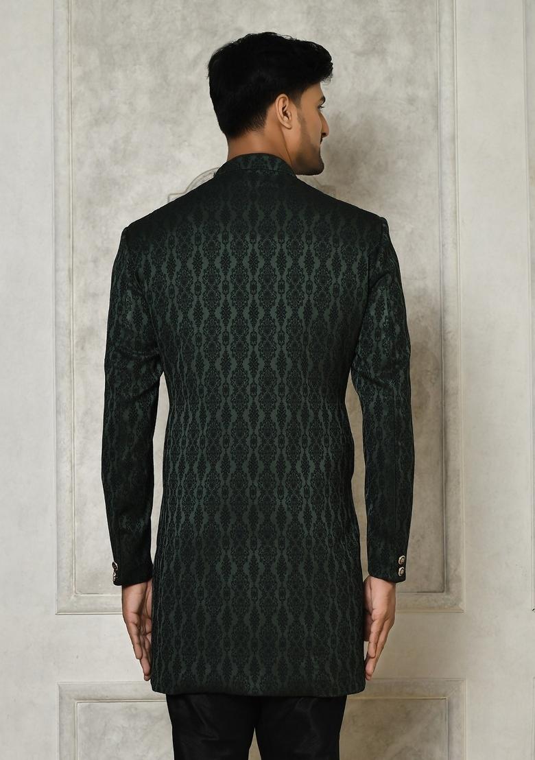 Bottle Green Embroidered Royal Satin Indo Western Sherwani For Men