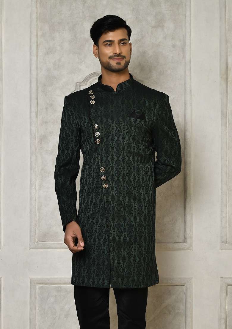 Bottle Green Embroidered Royal Satin Indo Western Sherwani For Men - Indya