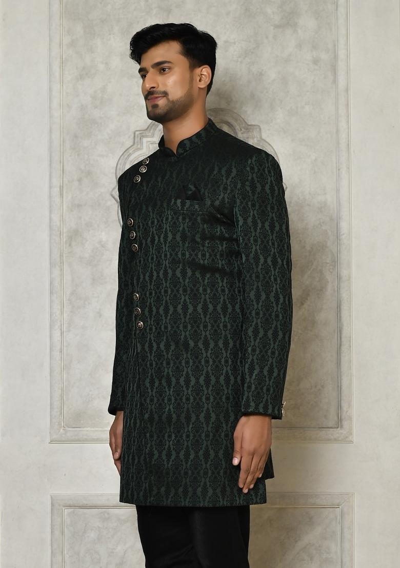 Bottle Green Embroidered Royal Satin Indo Western Sherwani For Men