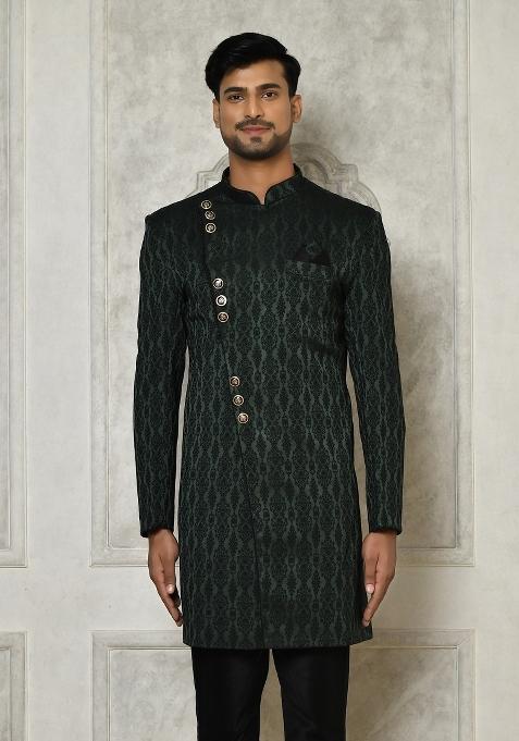 Bottle Green Embroidered Royal Satin Indo Western Sherwani For Men — view on Indya