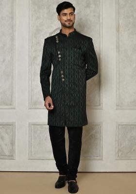 Bottle Green Embroidered Royal Satin Indo Western Sherwani Set For Men