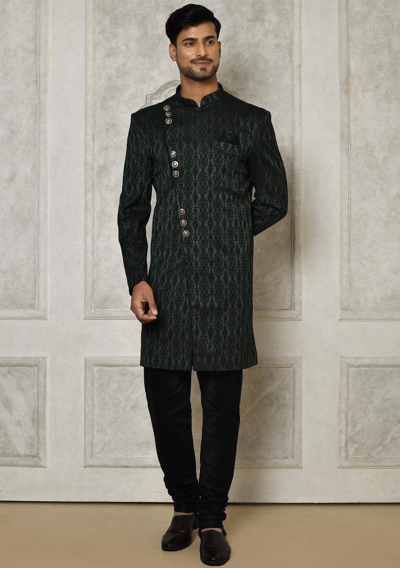 Bottle Green Embroidered Royal Satin Indo Western Sherwani Set For Men