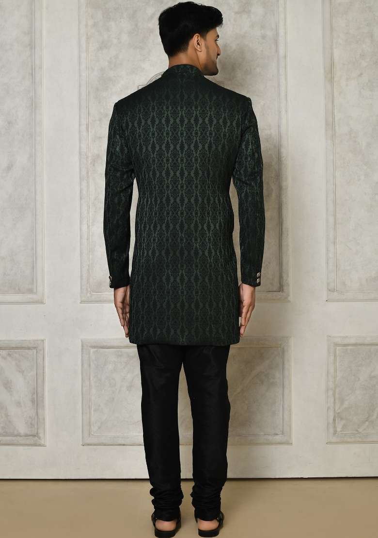 Bottle Green Embroidered Royal Satin Indo Western Sherwani Set For Men - Indya