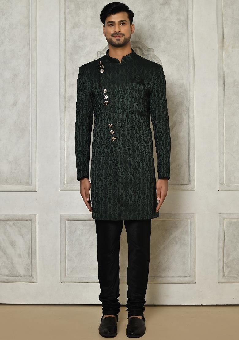 Bottle Green Embroidered Royal Satin Indo Western Sherwani Set For Men