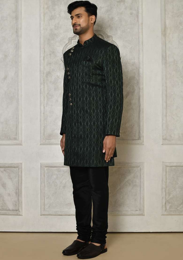 Bottle Green Embroidered Royal Satin Indo Western Sherwani Set For Men - Indya