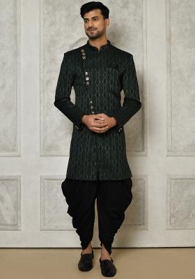 Bottle Green Embroidered Royal Satin Indo Western Sherwani Set For Men