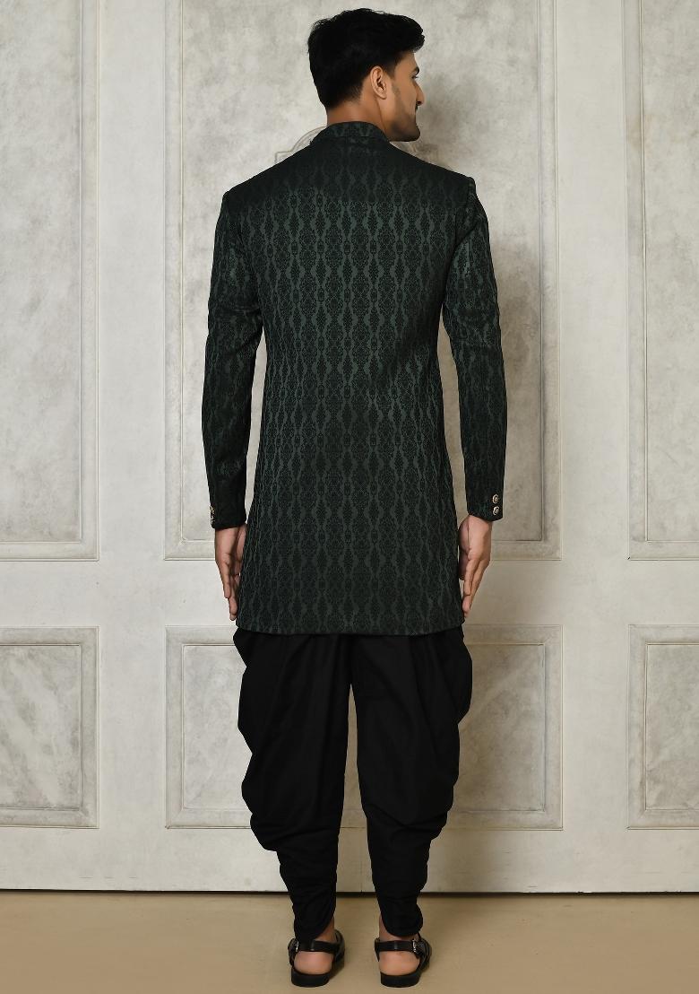 Bottle Green Embroidered Royal Satin Indo Western Sherwani Set For Men