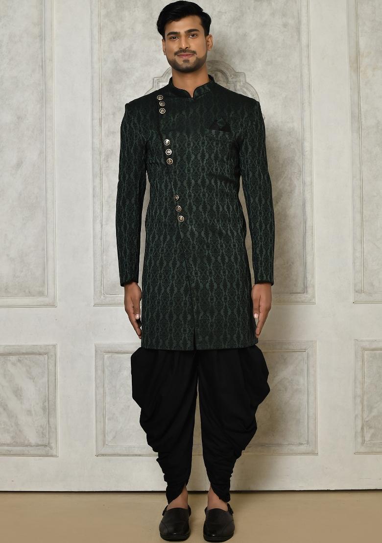 Bottle Green Embroidered Royal Satin Indo Western Sherwani Set For Men