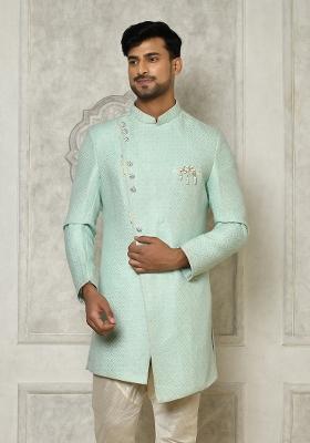 Mint Green Embroidered Jacquard Indo Western Sherwani For Men