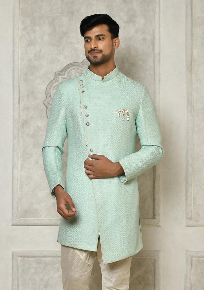 Mint Green Embroidered Jacquard Indo Western Sherwani For Men