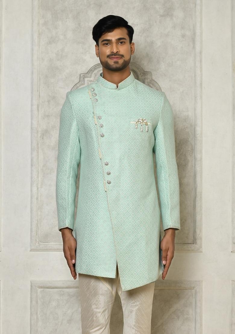 Mint Green Embroidered Jacquard Indo Western Sherwani For Men