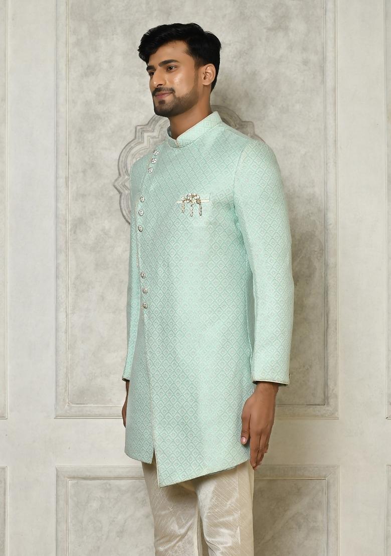 Mint Green Embroidered Jacquard Indo Western Sherwani For Men
