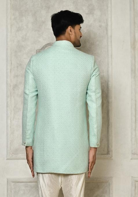 Mint Green Embroidered Jacquard Indo Western Sherwani For Men