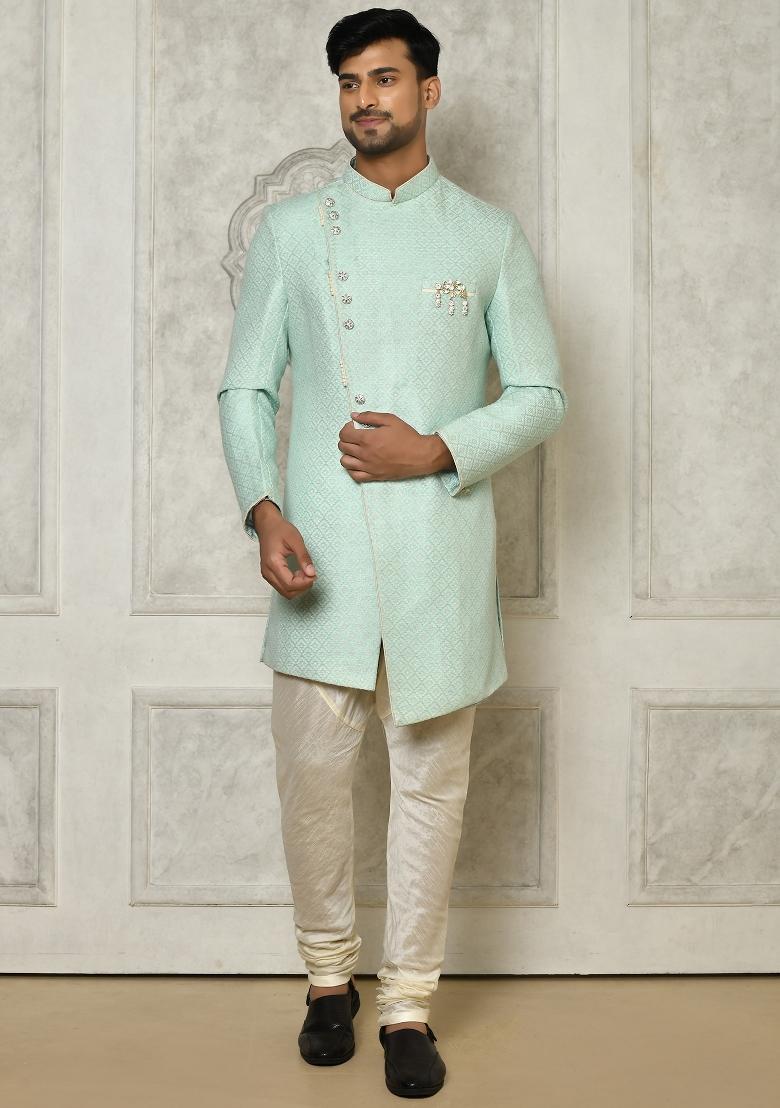 Mint Green Embroidered Jacquard Indo Western Sherwani Set For Men