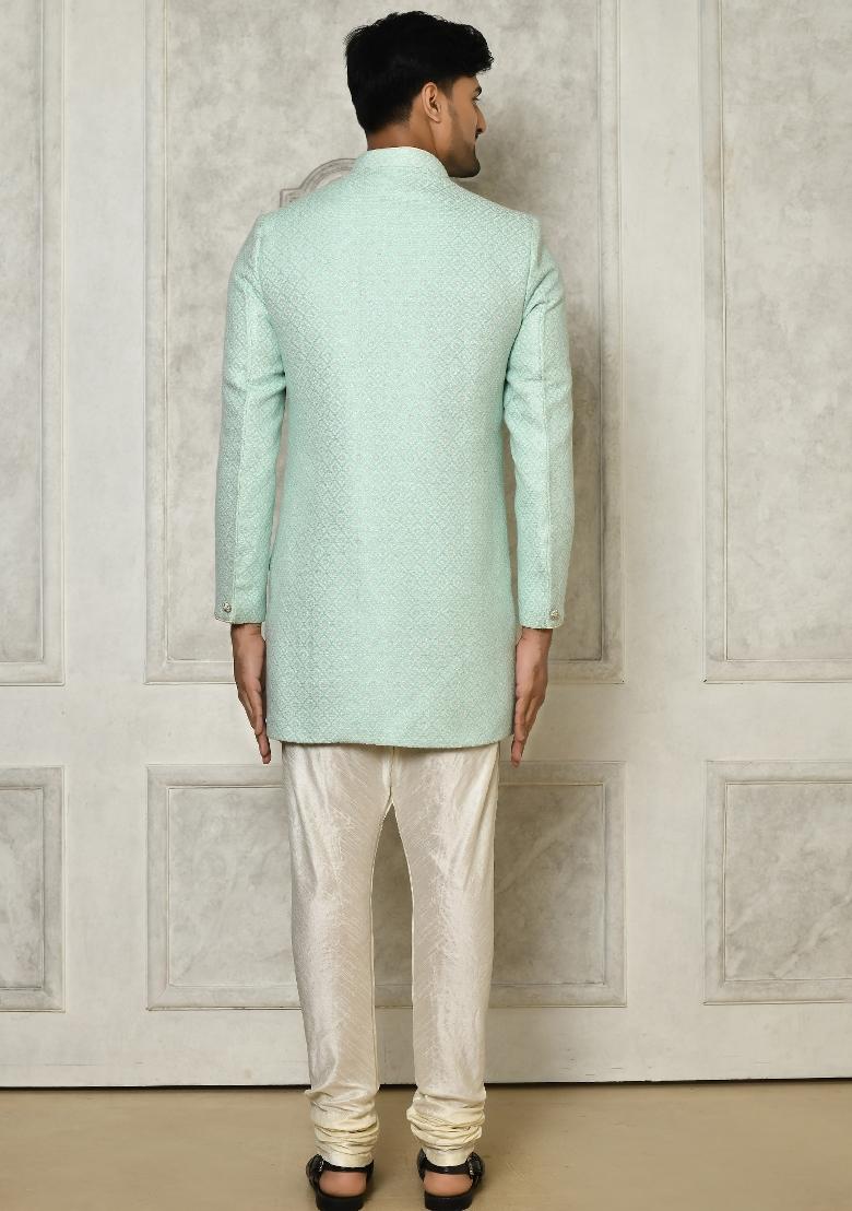 Mint Green Embroidered Jacquard Indo Western Sherwani Set For Men