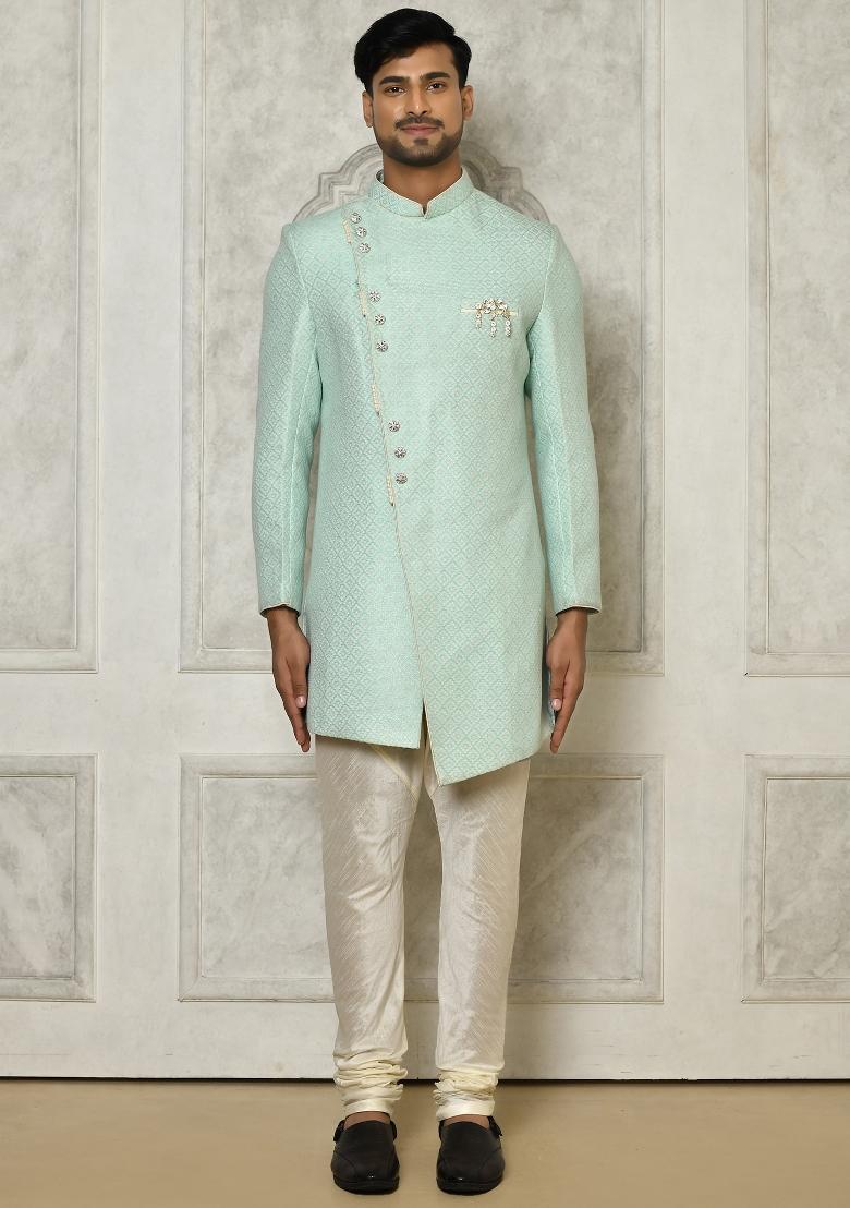 Mint Green Embroidered Jacquard Indo Western Sherwani Set For Men