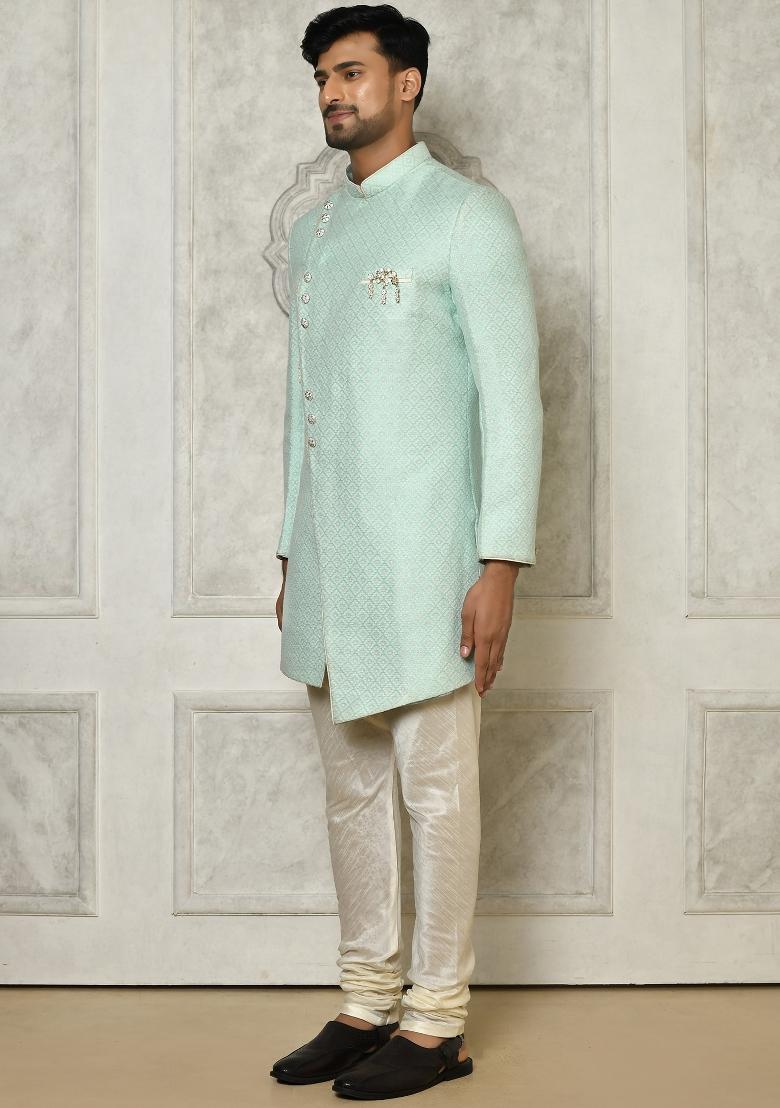Mint Green Embroidered Jacquard Indo Western Sherwani Set For Men